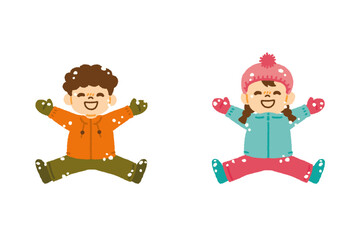 子供 雪の上で寝転ぶ 笑っている 冬 イラスト 手描き
