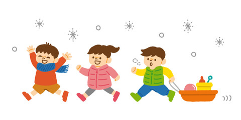 子供 雪遊び 走る冬休み 冬 イラスト 手描き