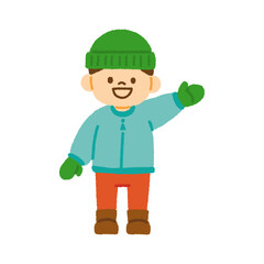 冬服 男の子 ニット帽 ダウンコート ブーツ 手袋 笑顔 イラスト 手描き