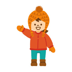 冬服 女の子 ニット帽 ダウンコート ブーツ 手袋 笑顔 イラスト 手描き