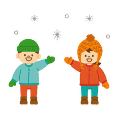子供 冬服 ニット帽 ダウンコート ブーツ 手袋 笑顔 イラスト 手描き
