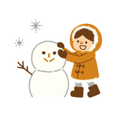 子ども 雪だるま 作る 雪遊び 冬 冬休み イラスト 手描き