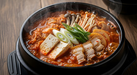 Korean Kimchi Stew with Tofu and Pork Belly Served Hot in Black Bowl