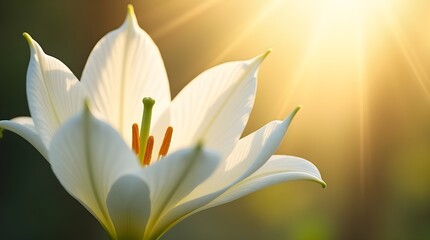 Close up of a white lily flower with orange stamens and green pistil in bright sunlight