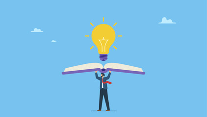 Businessman hold open book to discover lightbulb idea. Knowledge or education, study or learning new skill, creativity or idea, reading book for inspiration, discover solution or literature, wisdom.