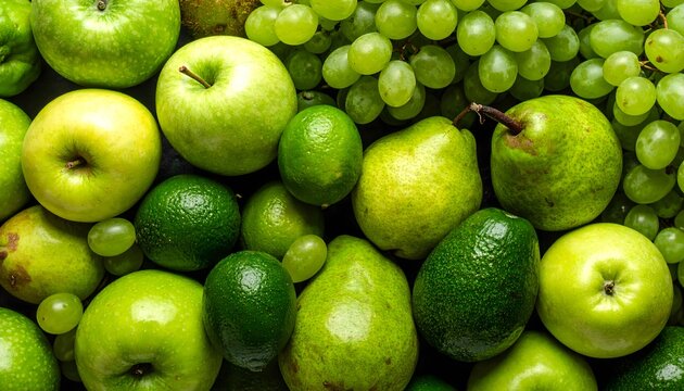 Fresh green fruit background featuring apples, grapes, pears, and avocado. Organic flat lay for healthy diet, detox, and vegan nutrition concepts.
