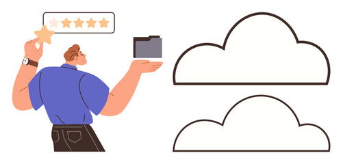 Man holding a star near a rating bar, managing a folder with outlined cloud icons. Ideal for concepts thumbs up feedback, cloud storage, digital organization, file sharing, online services, user