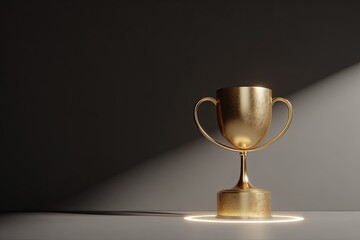 Metallic gold achievement cup illuminated by dramatic light on a dark stage