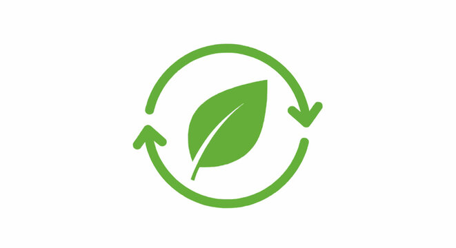 Vector icon of green leaf inside circular arrow, symbol of eco-friendly and sustainability concept. Minimal flat design, clean white background.