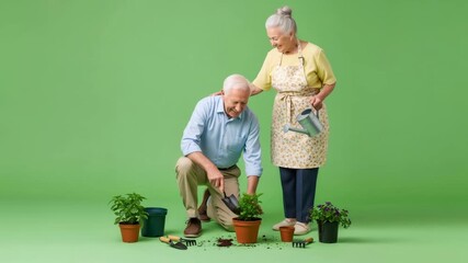Happy elderly man and woman gardening together, planting green plants on a green screen. Chroma key effect on green screen for footage.