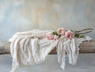 Romantic Still Life Featuring Pale Pink Roses on a Rustic Wooden Surface
