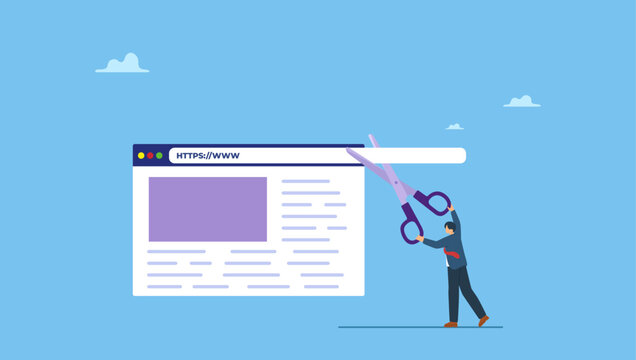 Businessman holding scissor to cut website URL address bar. Shorten URL marketing short website address for easy online marketing campaign.