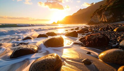 Golden Hour Beach Sunset With Waves Crashing On Rocky Shoreline And Lush Green Hillside