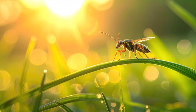 Close up of a small insect perched on a blade of grass glistening with dew drops during a bright golden sunrise with soft bokeh background - Powered by Adobe