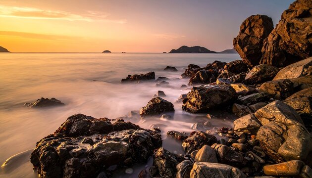 Distant boats anchored on calm turquoise ocean water near a lush green forested island during a golden hour sunset with smooth water effects and rocky shoreline in the foreground