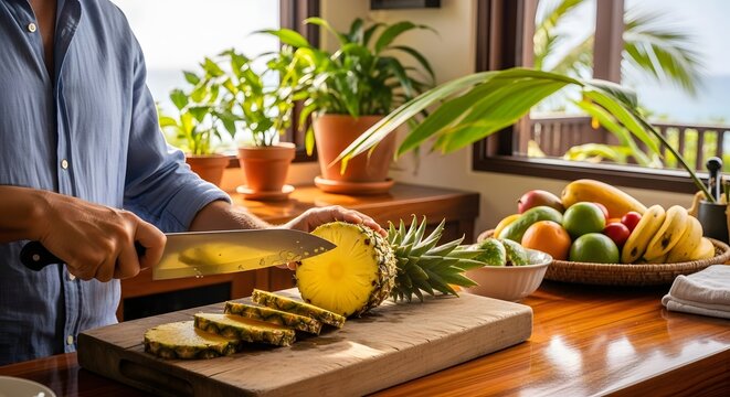 Tropical Fruit Preparation: Slicing Fresh Pineapple on Wooden Board with Ocean View, Emphasizing Healthy Eating and Refreshing Flavors of Exotic Fruits