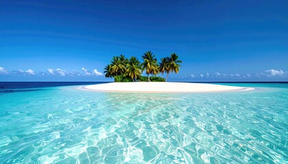 Fototapeta premium Footprints Lead Across Pristine White Sand Tropical Beach Towards Crystal Clear Turquoise Ocean Waters Under a Brilliant Blue Sky with Distant Palm Trees