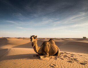 Fototapeta premium A majestic dromedary camel resting peacefully on a golden sand dune.