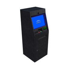 A detailed 3D rendering of a modern ATM machine with a blue digital screen, keypad, and card slot. The realistic hard-surface model represents banking, finance, money withdrawal, and transaction.