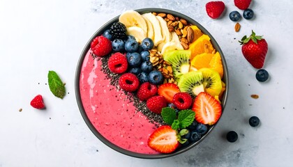 Pink strawberry smoothie bowl flat lay with fresh berries, banana, kiwi, and mango. Healthy vegan breakfast top view on white background for detox diet concepts.