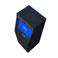 A detailed 3D rendering of a modern ATM machine with a blue digital screen, keypad, and card slot. The realistic hard-surface model represents banking, finance, money withdrawal, and transaction.