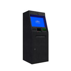 A detailed 3D rendering of a modern ATM machine with a blue digital screen, keypad, and card slot. The realistic hard-surface model represents banking, finance, money withdrawal, and transaction.