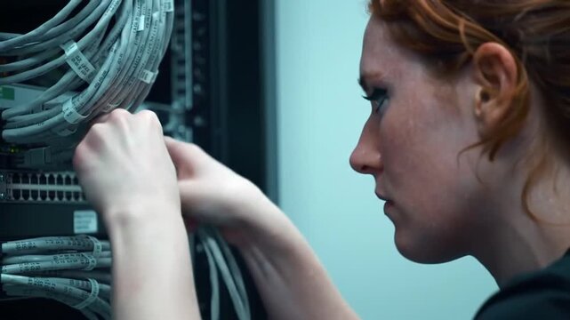 Woman works with cables in a server room hands manipulating network connections - Powered by Adobe