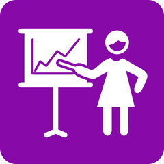 White silhouette of a woman presenting a rising graph on a whiteboard with a pointer stick against a purple background