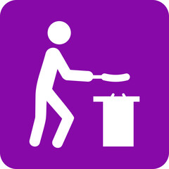 White stick figure person cooking a sausage over a trash can on a purple background