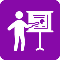 White silhouette of a person presenting at a whiteboard with a pointer on a purple background