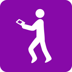White silhouette of a person walking while holding and looking at a tablet computer on a purple background