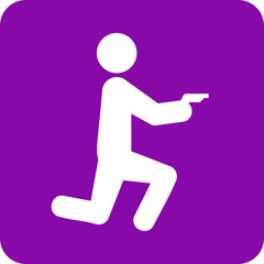 White silhouette of a person kneeling and aiming a handgun on a vibrant purple square background with rounded corners