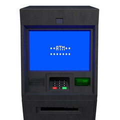 A detailed 3D rendering of a modern ATM machine with a blue digital screen, keypad, and card slot. The realistic hard-surface model represents banking, finance, money withdrawal, and transaction.