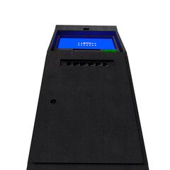 A detailed 3D rendering of a modern ATM machine with a blue digital screen, keypad, and card slot. The realistic hard-surface model represents banking, finance, money withdrawal, and transaction.