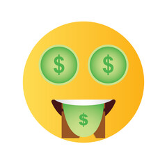 Excited yellow emoji face with green dollar signs in eyes and on tongue representing wealth and financial success