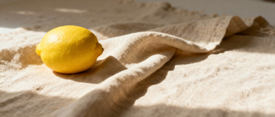 Ripe yellow lemon resting on beige, linen fabric with wavy folds, illuminated by bright sunlight with long shadows.
