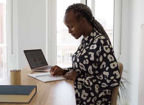 Woman working as a data analyst at home office