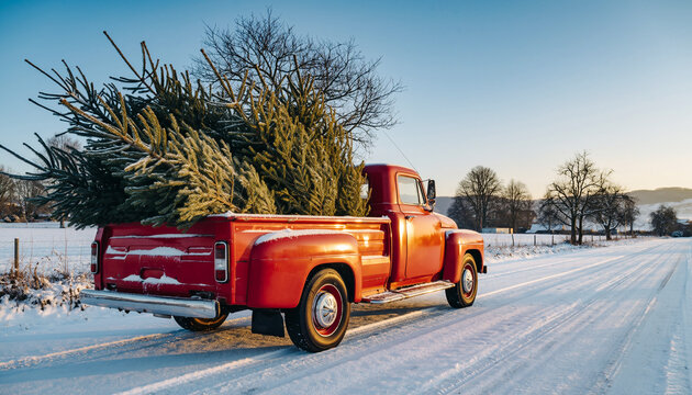 Vintage red pickup truck carrying Christmas tree on snowy country road