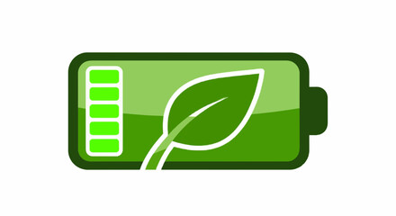 Vector icon of green battery with leaf symbol and clean energy indicator, flat modern design.