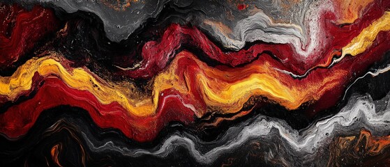 Abstract Red, Yellow, Black and White Fluid Art