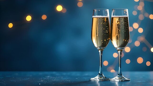 Two elegant champagne glasses filled with bubbly drink. Soft blue background with blurred golden lights. Ideal for celebration themes and copy space