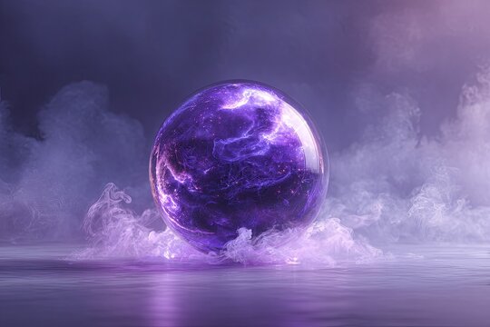 Glowing purple cosmic sphere rests on a reflective surface surrounded by swirling mist