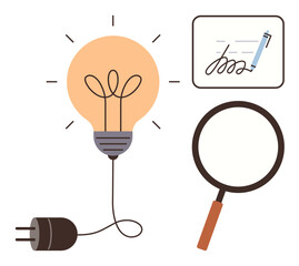 Lightbulb with cord radiates ideas, magnifying glass emphasizes research. Signature area signifies agreement. Ideal for innovation, research, discovery, agreement, creativity, problem-solving