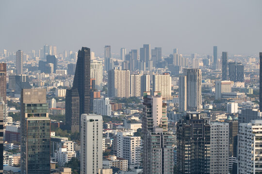 Bangkok skyline with high-rise buildings on a hazy day