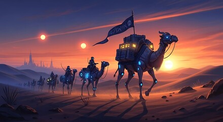 Futuristic Camel Caravan Journeying Through Desert Sunset