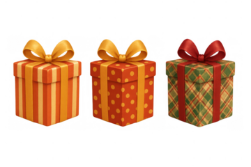 Three gift boxes with festive wrap and ribbons celebrating holidays, birthdays, and special occasions