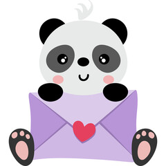 Cute Baby Panda Holding a Purple Love Letter with a Red Heart Decoration Isolated on White Background Expressing Affection and Sweetness