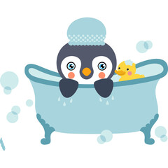 Cute baby penguin wearing a blue cap enjoying a bubble bath with a yellow rubber ducky in a light blue bathtub with a transparent background