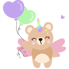 Cute Bear Character With Pink Wings And Unicorn Horn Holding Purple And Green Heart Shaped Balloons With Star Decorations On Transparent Background