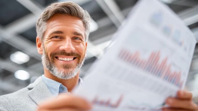 Success Analysis: A seasoned professional radiates confidence and expertise while reviewing financial data, embodying the essence of business acumen and strategic planning.